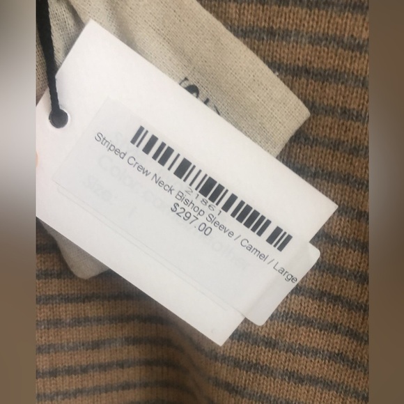 NWT 27 MILES Malibu Revolve 100% Cashmere Striped Crewneck Bishop Sleeve Camel - Picture 3 of 6